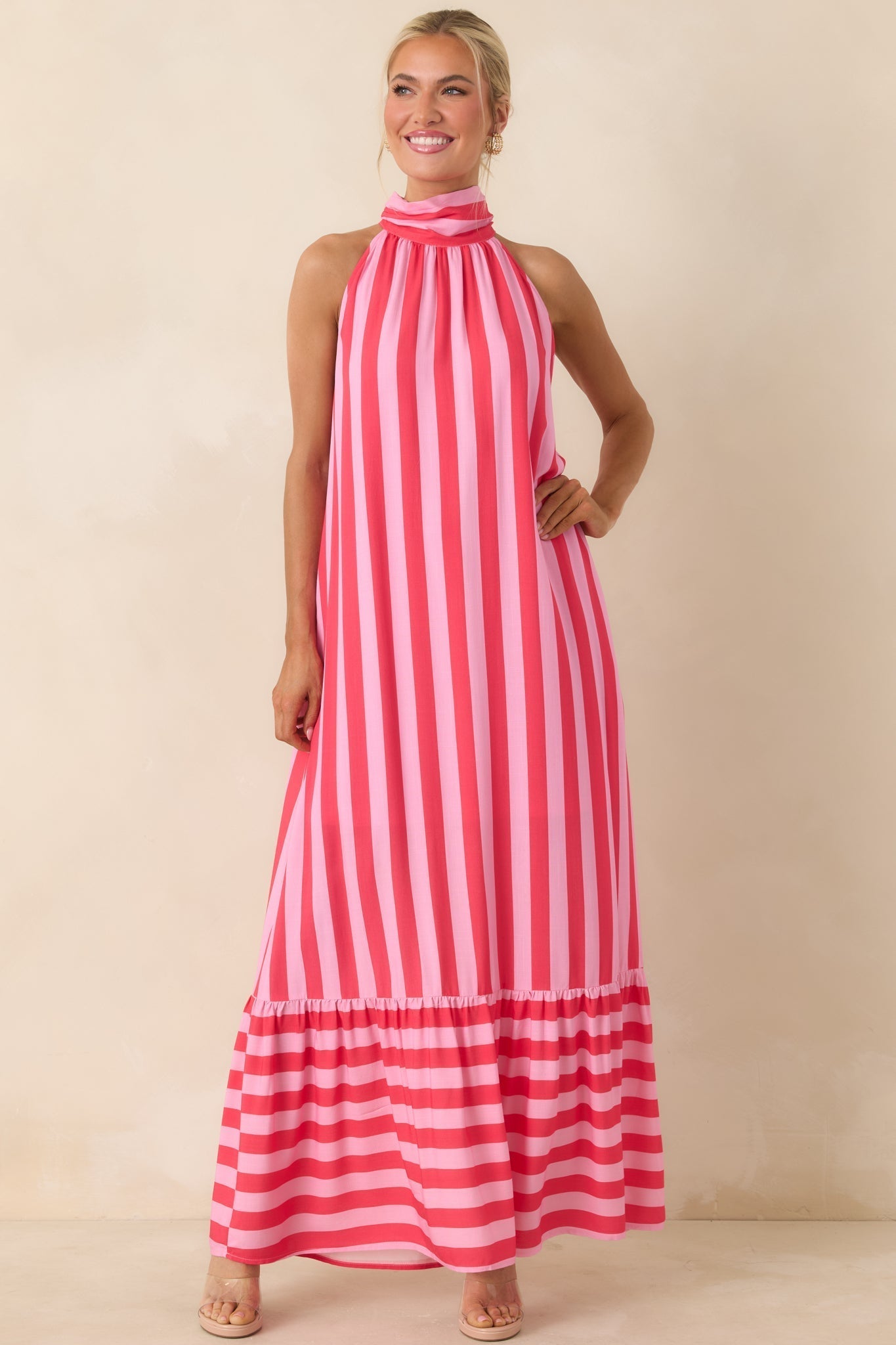 Women's Make Your Move Fuchsia & Light Pink Stripe Halter Maxi Dress | 100% Rayon 4