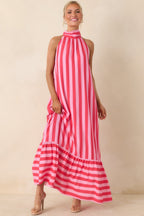 Women's Make Your Move Fuchsia & Light Pink Stripe Halter Maxi Dress | 100% Rayon 5