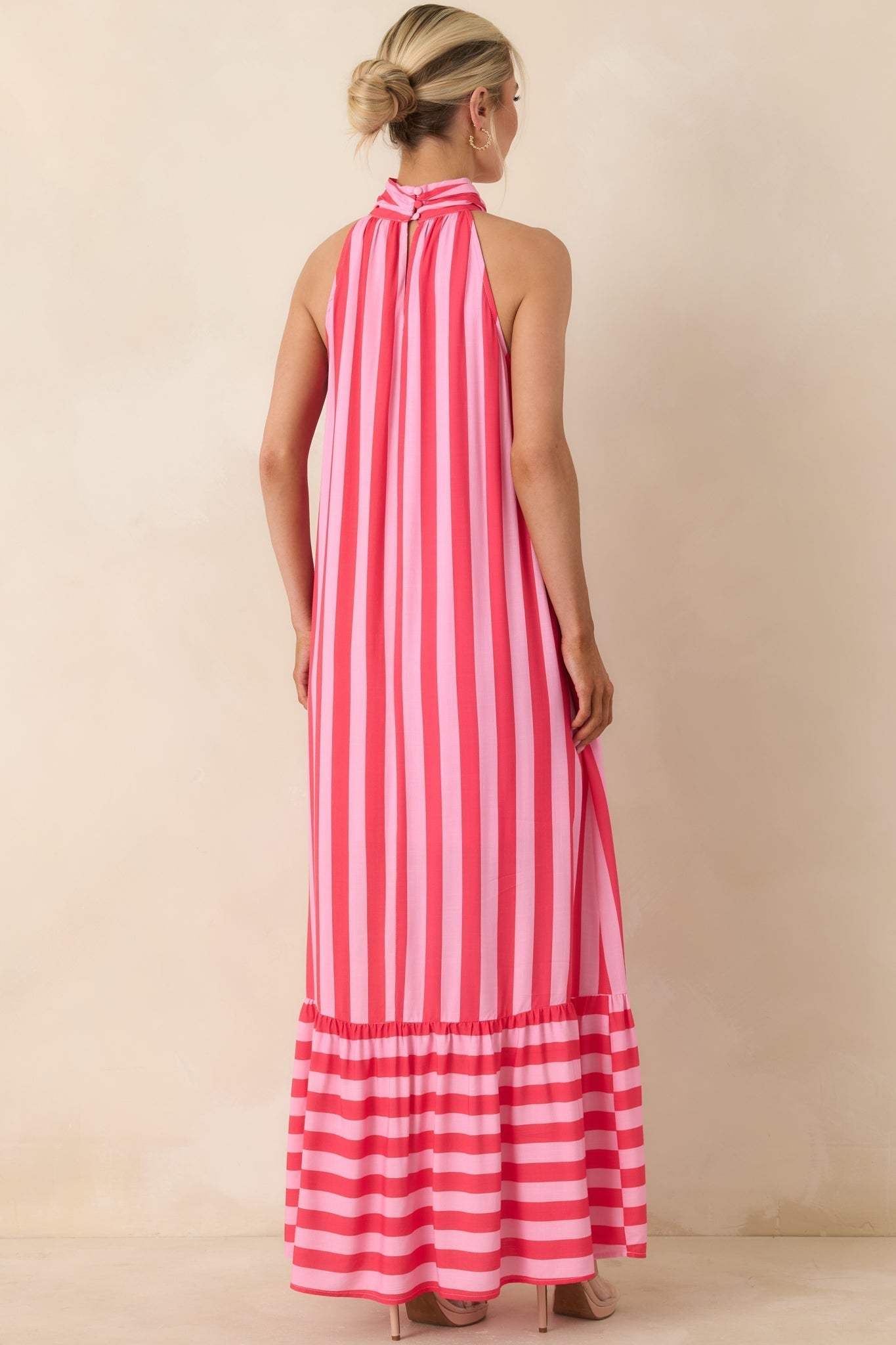 Women's Make Your Move Fuchsia & Light Pink Stripe Halter Maxi Dress | 100% Rayon 6