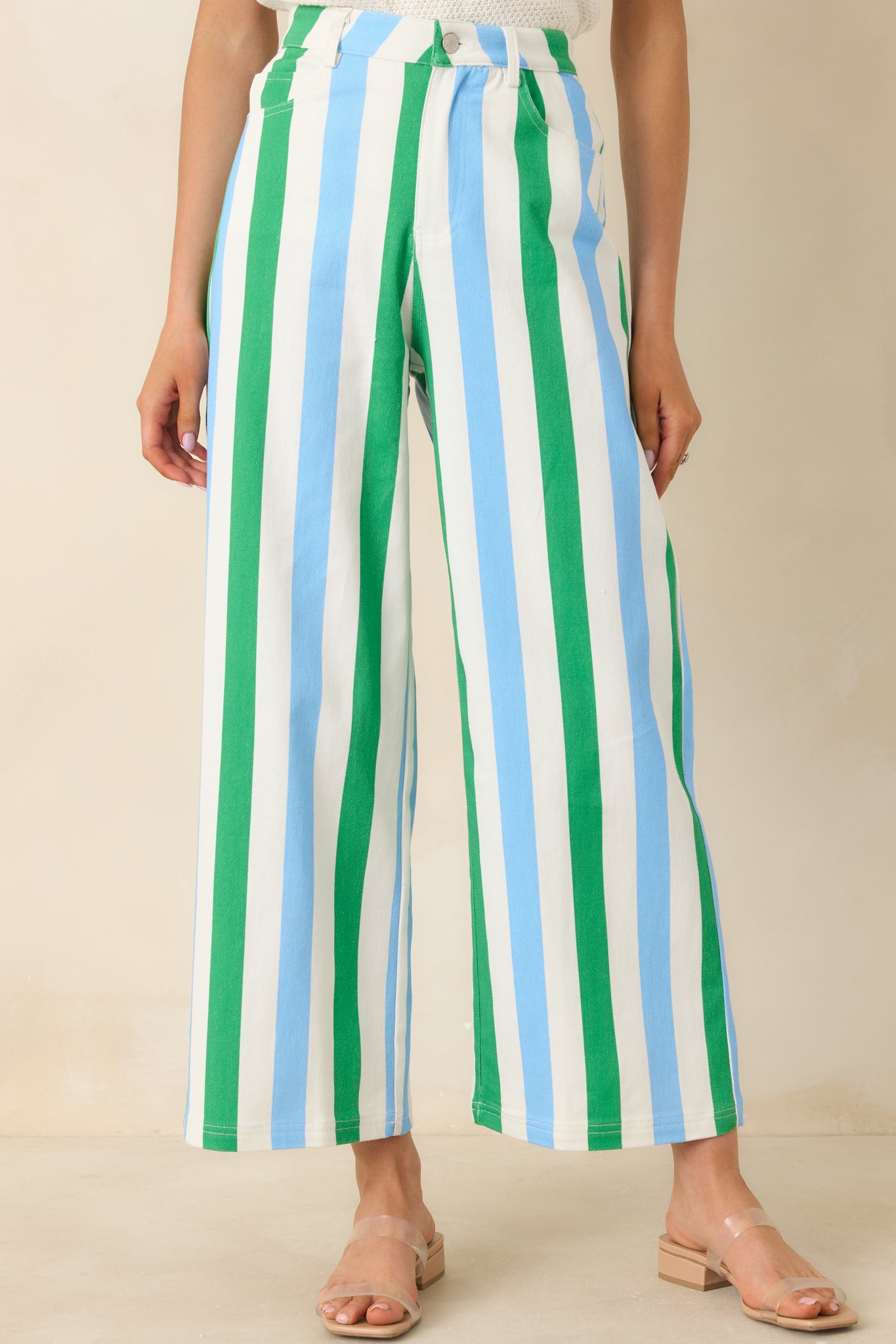 Women's Making It Bright Blue Multi Striped Wide Leg Pants | 97% Cotton & 3% Spandex 0