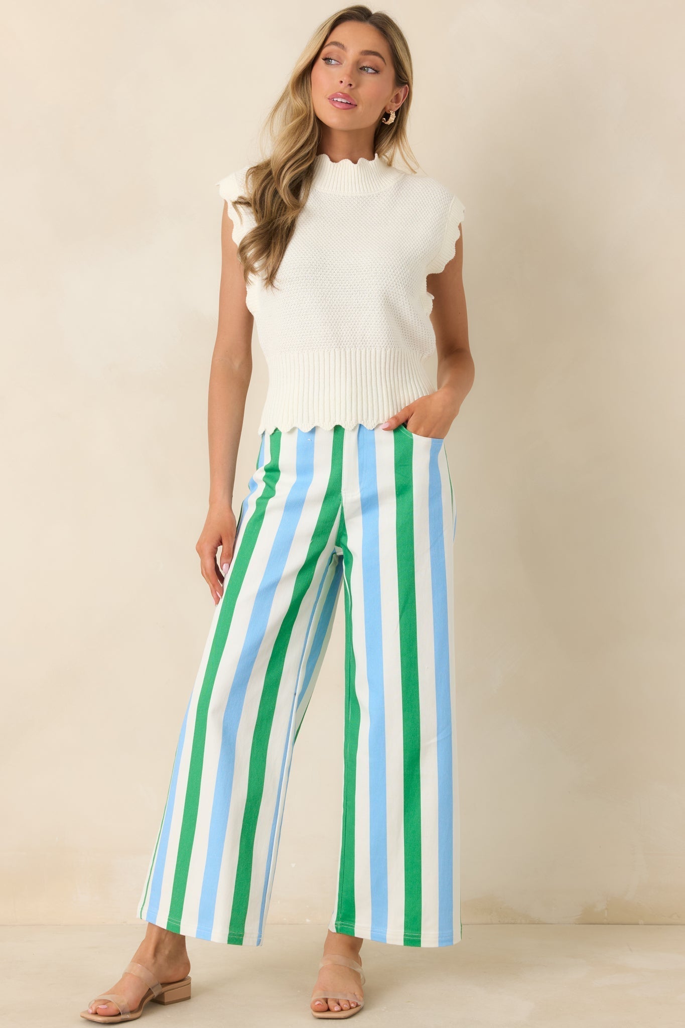 Women's Making It Bright Blue Multi Striped Wide Leg Pants | 97% Cotton & 3% Spandex 1