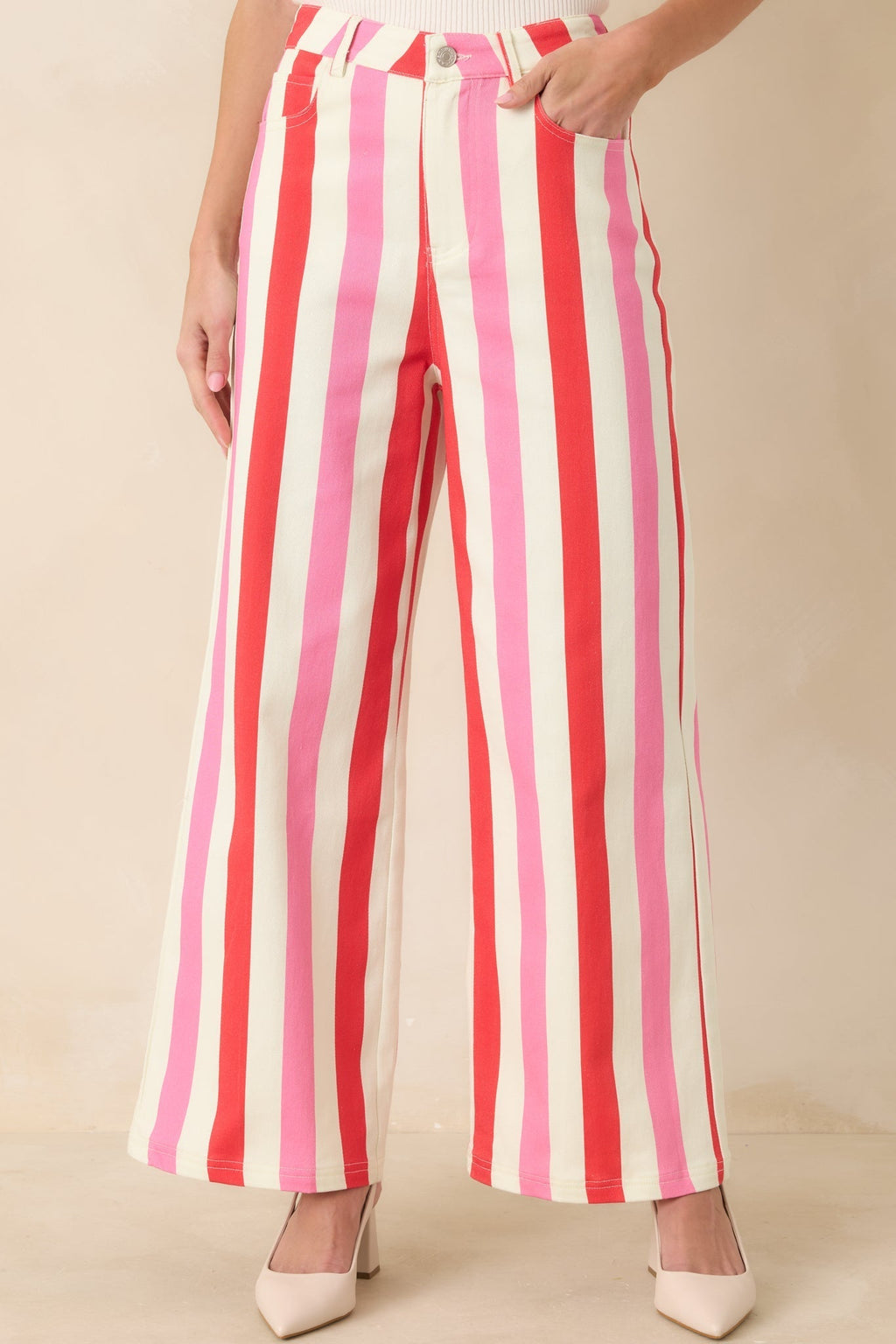 Women's Making It Bright Pink Multi Striped Wide Leg Pants | 97% Cotton & 3% Spandex 0