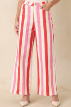Women's Making It Bright Pink Multi Striped Wide Leg Pants | 97% Cotton & 3% Spandex 0