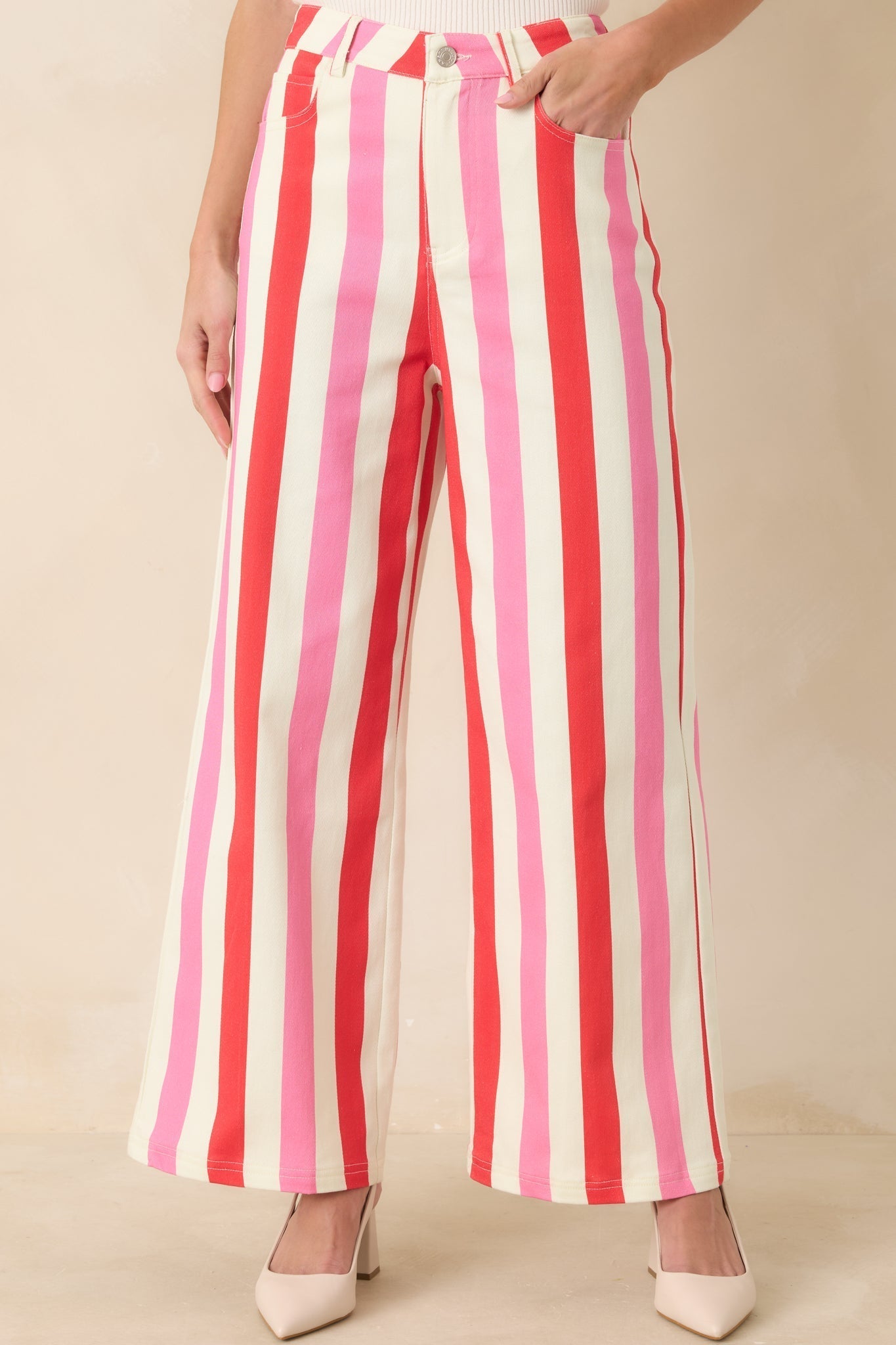 Women's Making It Bright Pink Multi Striped Wide Leg Pants | 97% Cotton & 3% Spandex 0