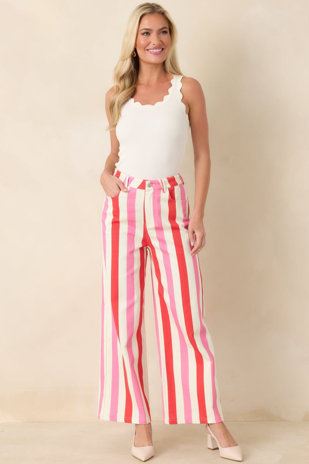 Women's Making It Bright Pink Multi Striped Wide Leg Pants | 97% Cotton & 3% Spandex 1