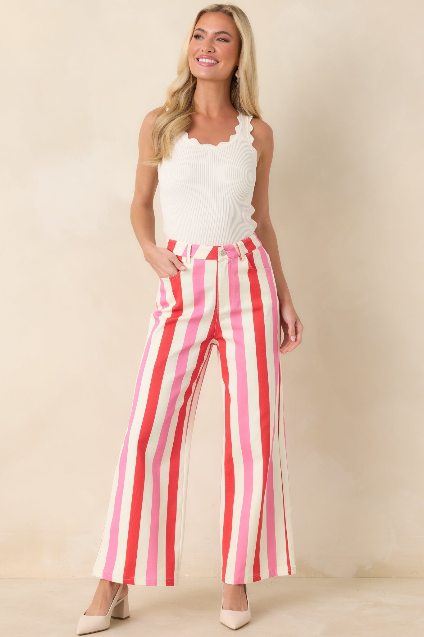 Women's Making It Bright Pink Multi Striped Wide Leg Pants | 97% Cotton & 3% Spandex 3