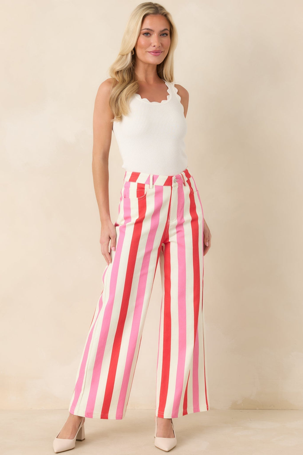 Women's Making It Bright Pink Multi Striped Wide Leg Pants | 97% Cotton & 3% Spandex 4