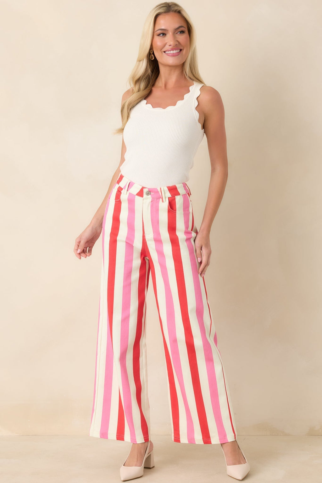 Women's Making It Bright Pink Multi Striped Wide Leg Pants | 97% Cotton & 3% Spandex 5