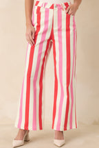 Women's Making It Bright Pink Multi Striped Wide Leg Pants | 97% Cotton & 3% Spandex 6