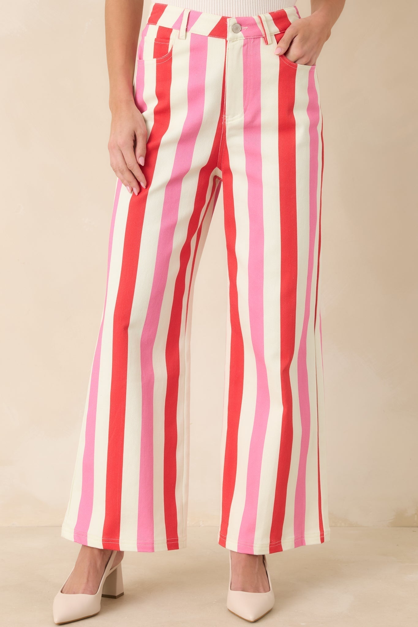Women's Making It Bright Pink Multi Striped Wide Leg Pants | 97% Cotton & 3% Spandex 6