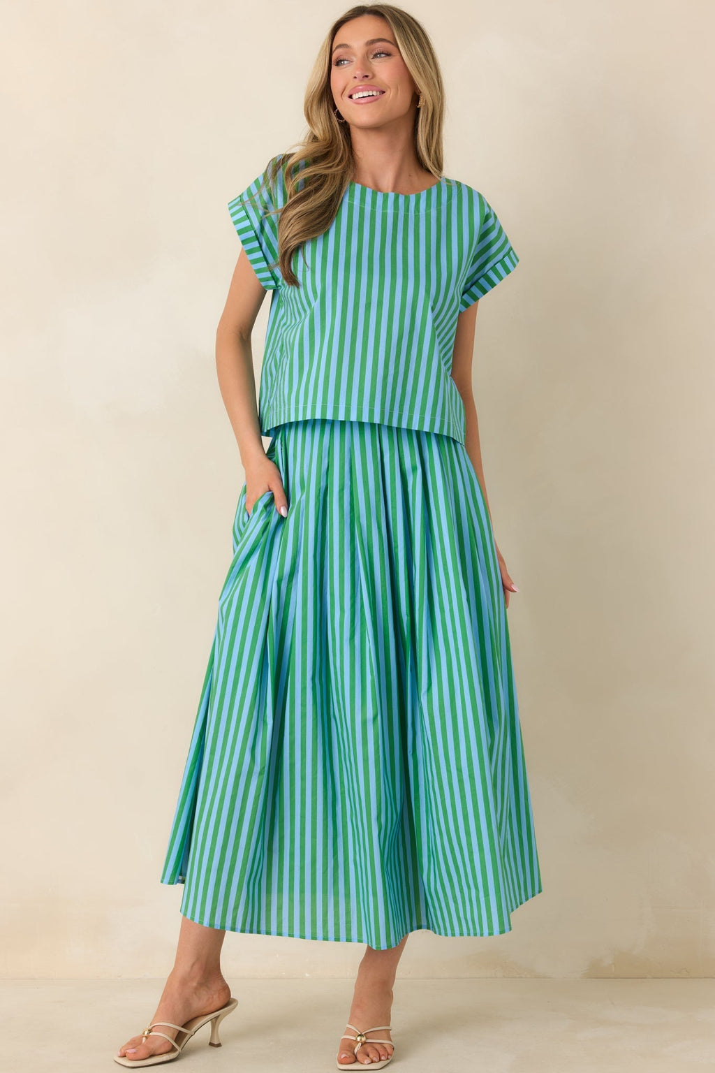 Women's Making Moves Blue & Green Stripe Boxy Cotton Top | 100% Cotton 2
