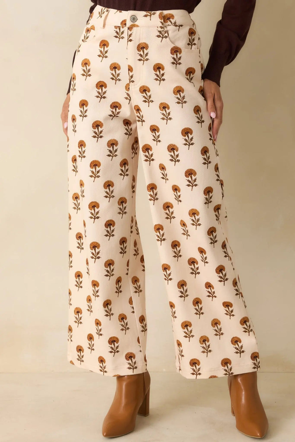 Women's Marigold Muse Ivory Multi Floral Print Cotton Wide Leg Pants | 97% Cotton & 3% Spandex 3