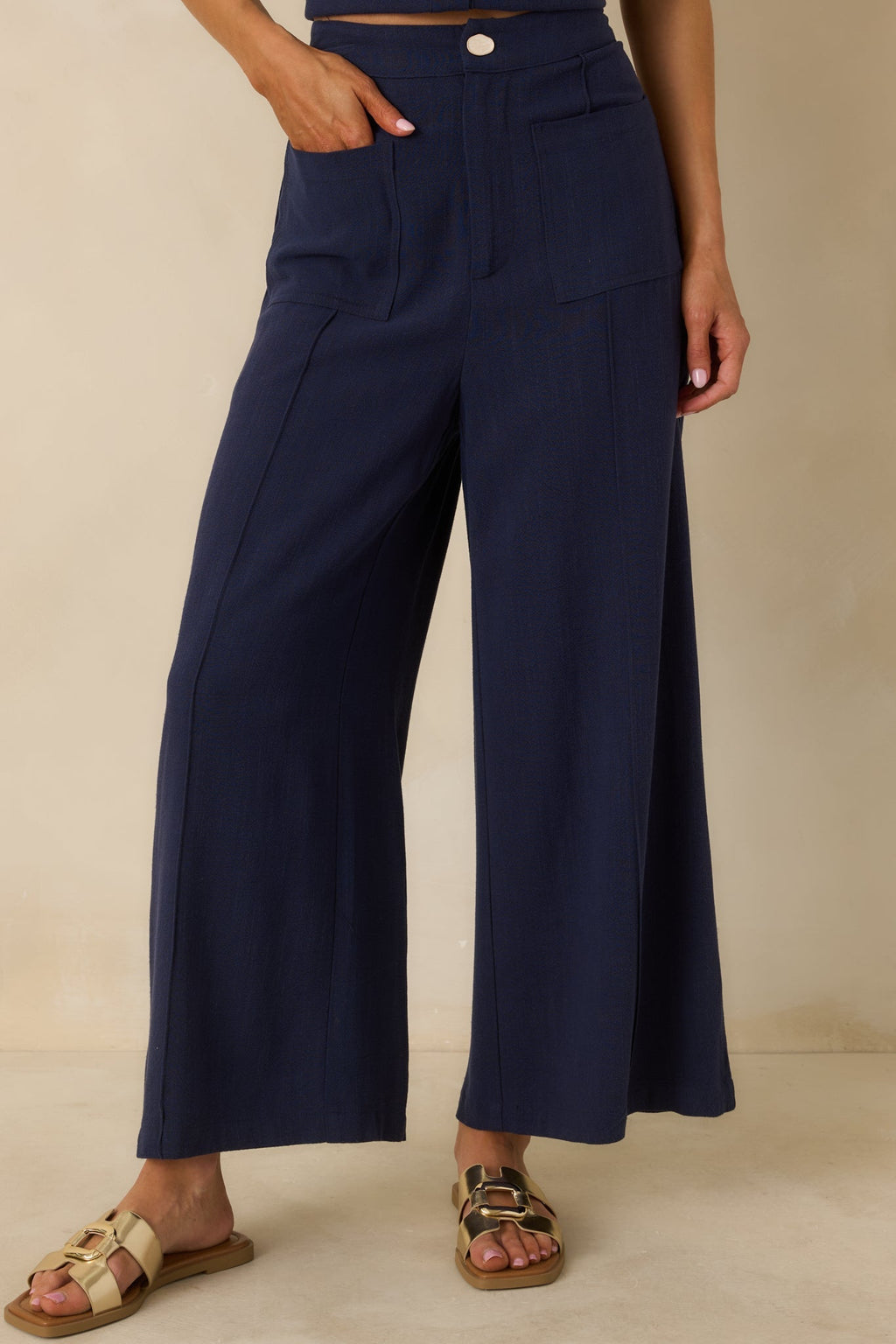 Women's Met Your Match Navy Linen-Blend Wide Leg Pants | 70% Viscose & 30% Linen 0