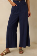 Women's Met Your Match Navy Linen-Blend Wide Leg Pants | 70% Viscose & 30% Linen 0