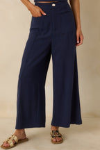 Women's Met Your Match Navy Linen-Blend Wide Leg Pants | 70% Viscose & 30% Linen 0