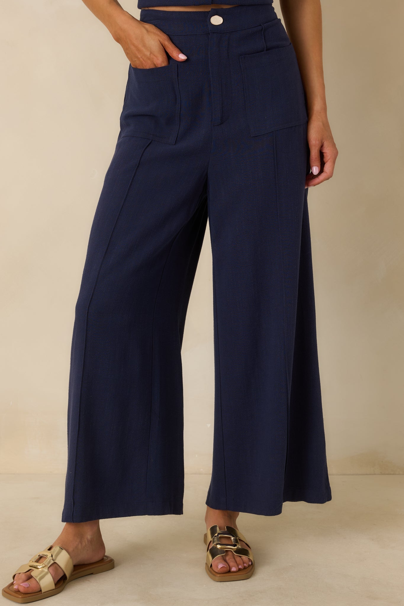 Women's Met Your Match Navy Linen-Blend Wide Leg Pants | 70% Viscose & 30% Linen 0