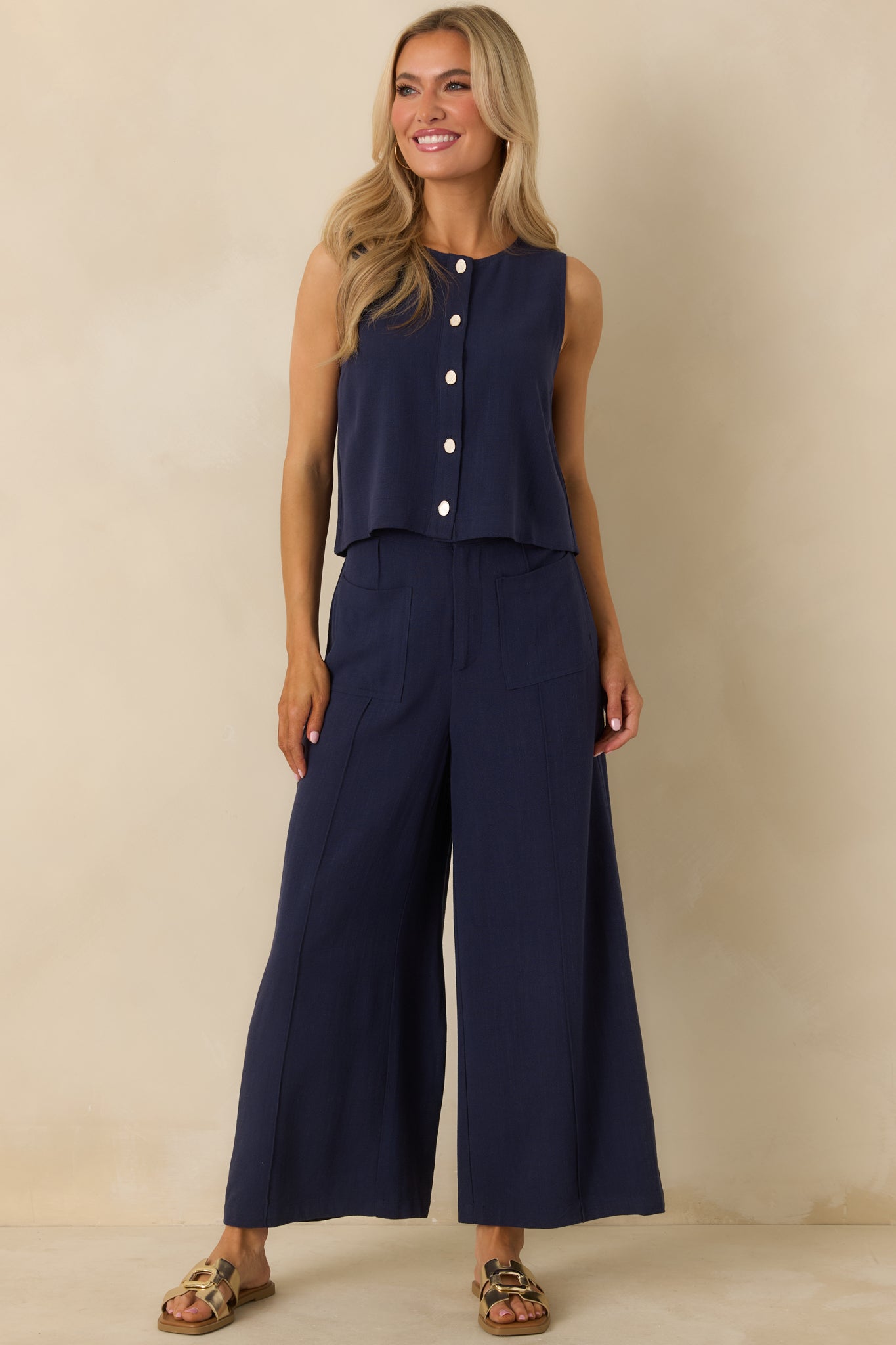 Women's Met Your Match Navy Linen-Blend Wide Leg Pants | 70% Viscose & 30% Linen 1