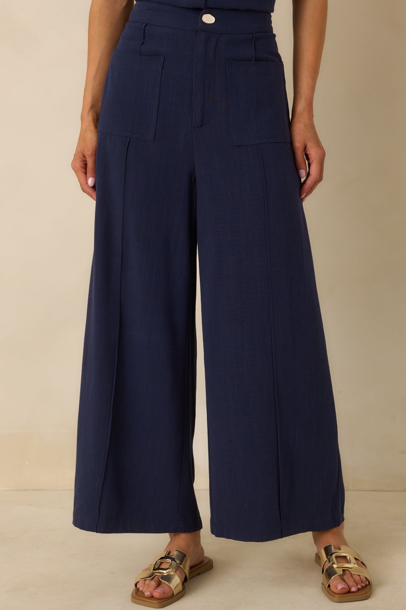 Women's Met Your Match Navy Linen-Blend Wide Leg Pants | 70% Viscose & 30% Linen 2