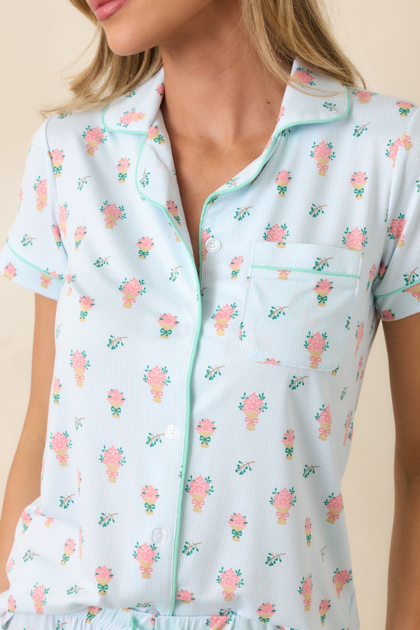 Women's Mint to Be Mine Mint Green Multi Floral Print Short Sleeve Pajama Top | 95% Polyester & 5% Spandex 2