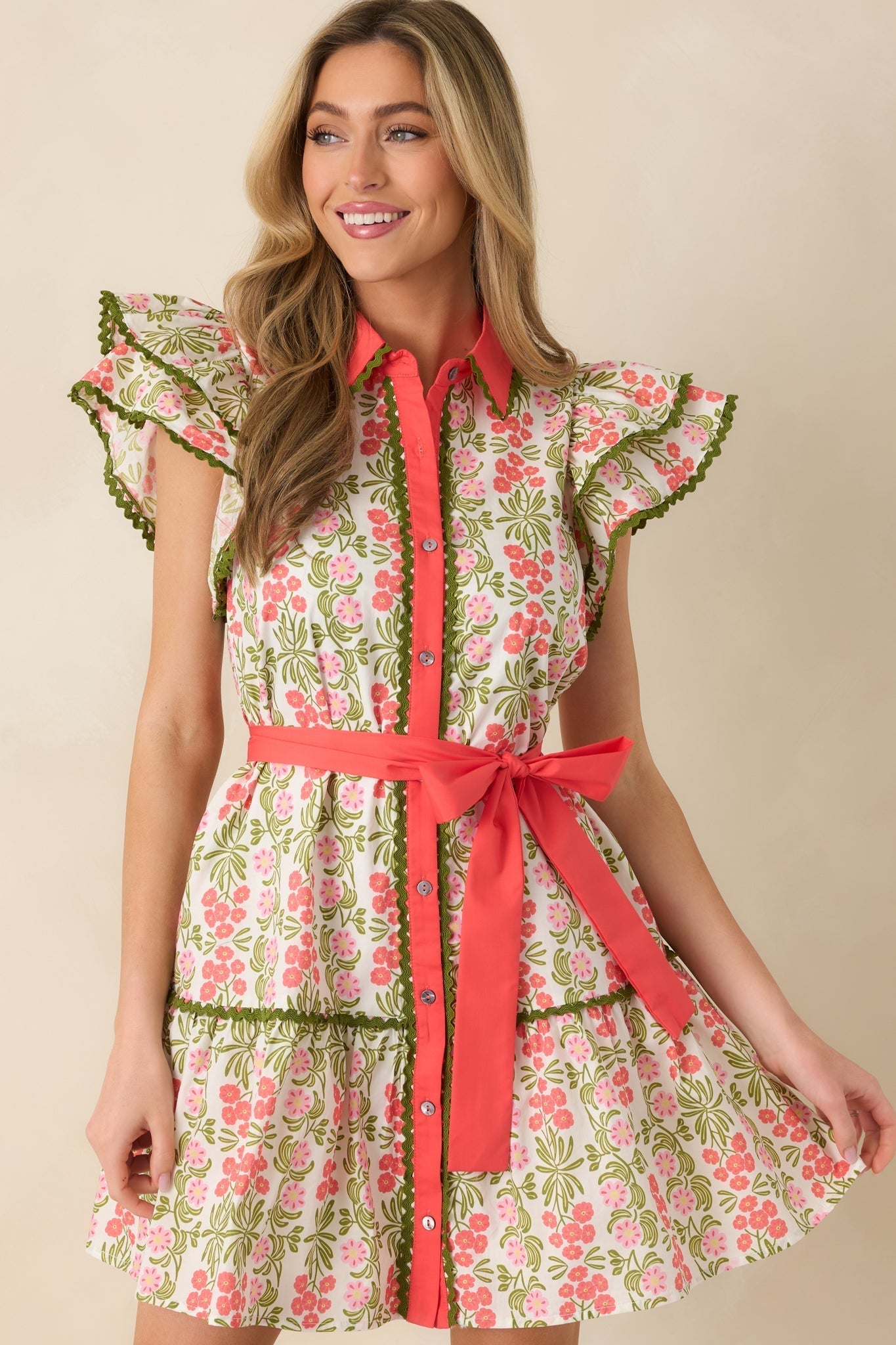 Women's Missing The Point Coral Pink Floral Cotton Button Front Mini Dress | 100% Cotton 5