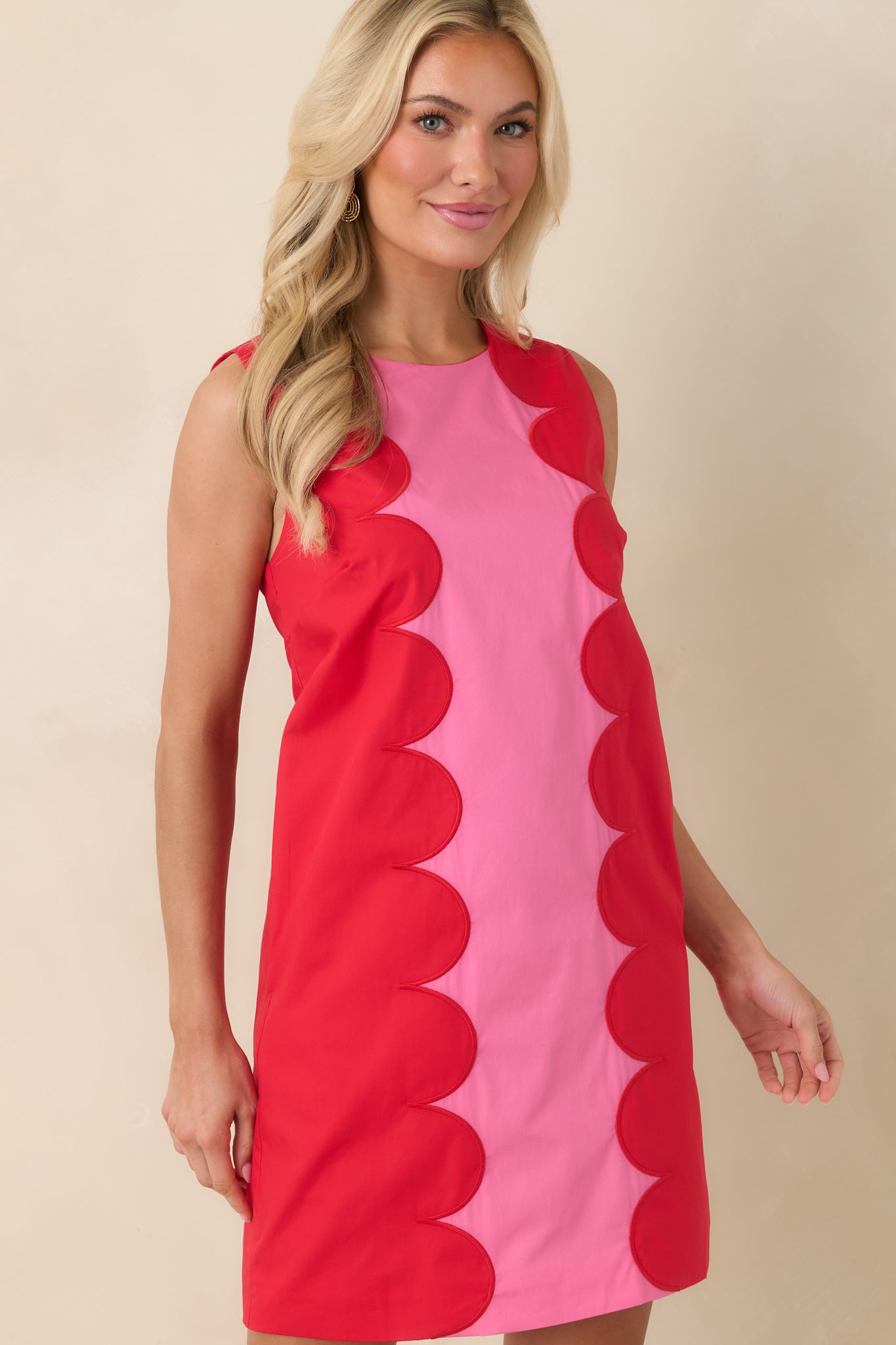 Women's Mod About You Red & Pink Cotton Contrast Scallop Mini Dress | 100% Cotton Contrast: 100% Cotton 5