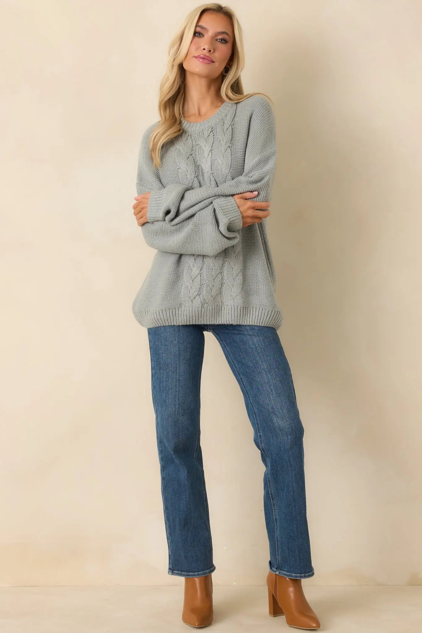 Women's Moments in Stillness Stone Blue Cable Knit Sweater | 80% Acrylic & 20% Nylon 6