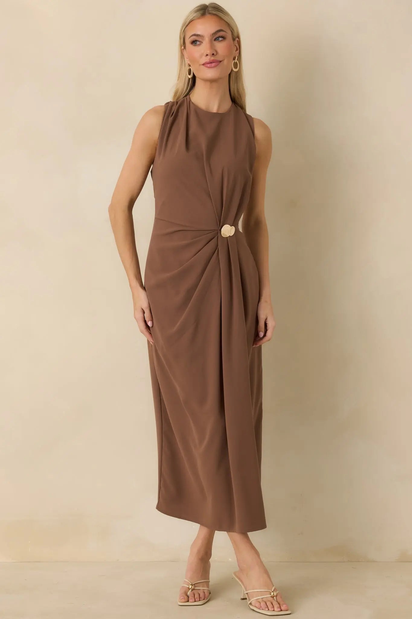 Women's Move With Purpose Light Brown Ruched Maxi Dress | 100% Polyester 0