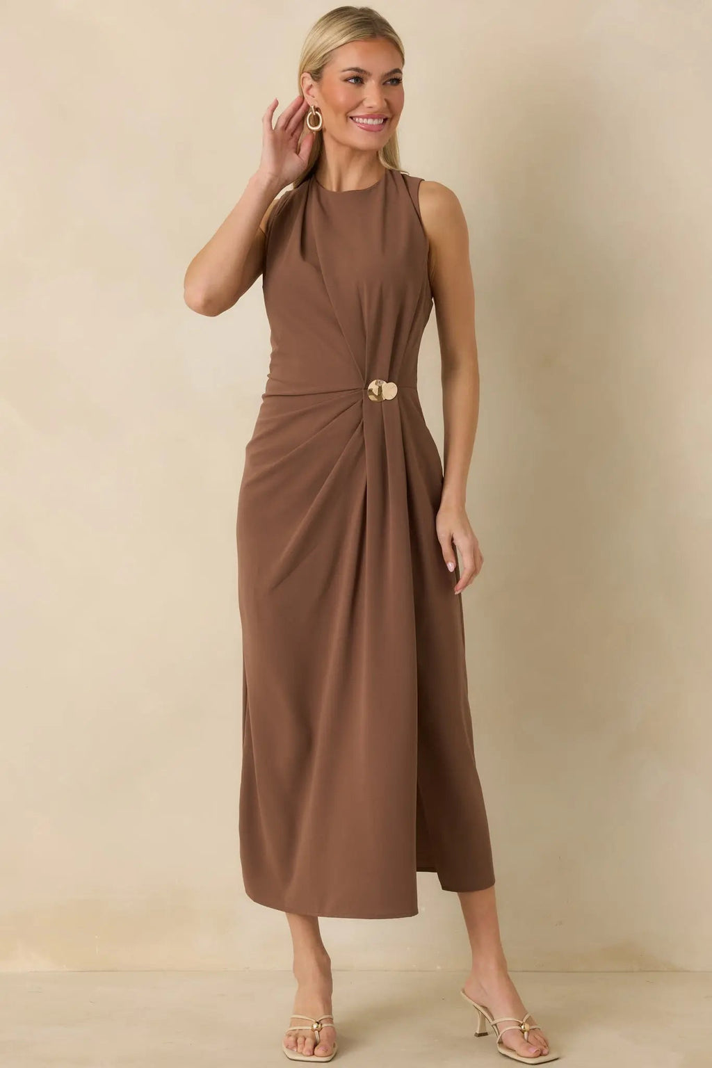 Women's Move With Purpose Light Brown Ruched Maxi Dress | 100% Polyester 2