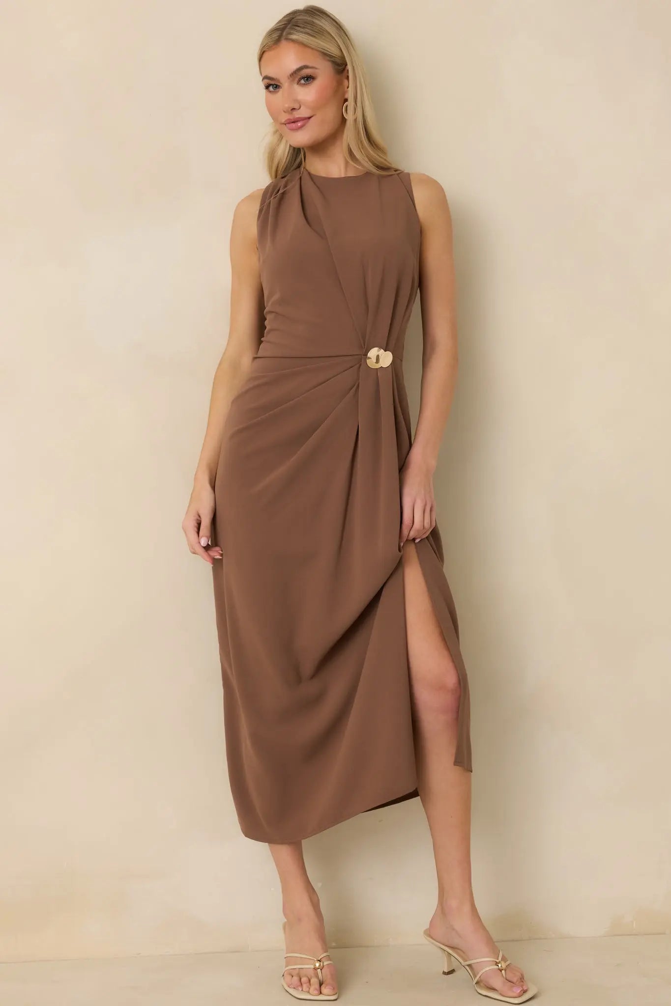 Women's Move With Purpose Light Brown Ruched Maxi Dress | 100% Polyester 4