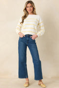 Women's My Day Off Ivory & Yellow Cotton Stripe Sweater | 100% Cotton 0