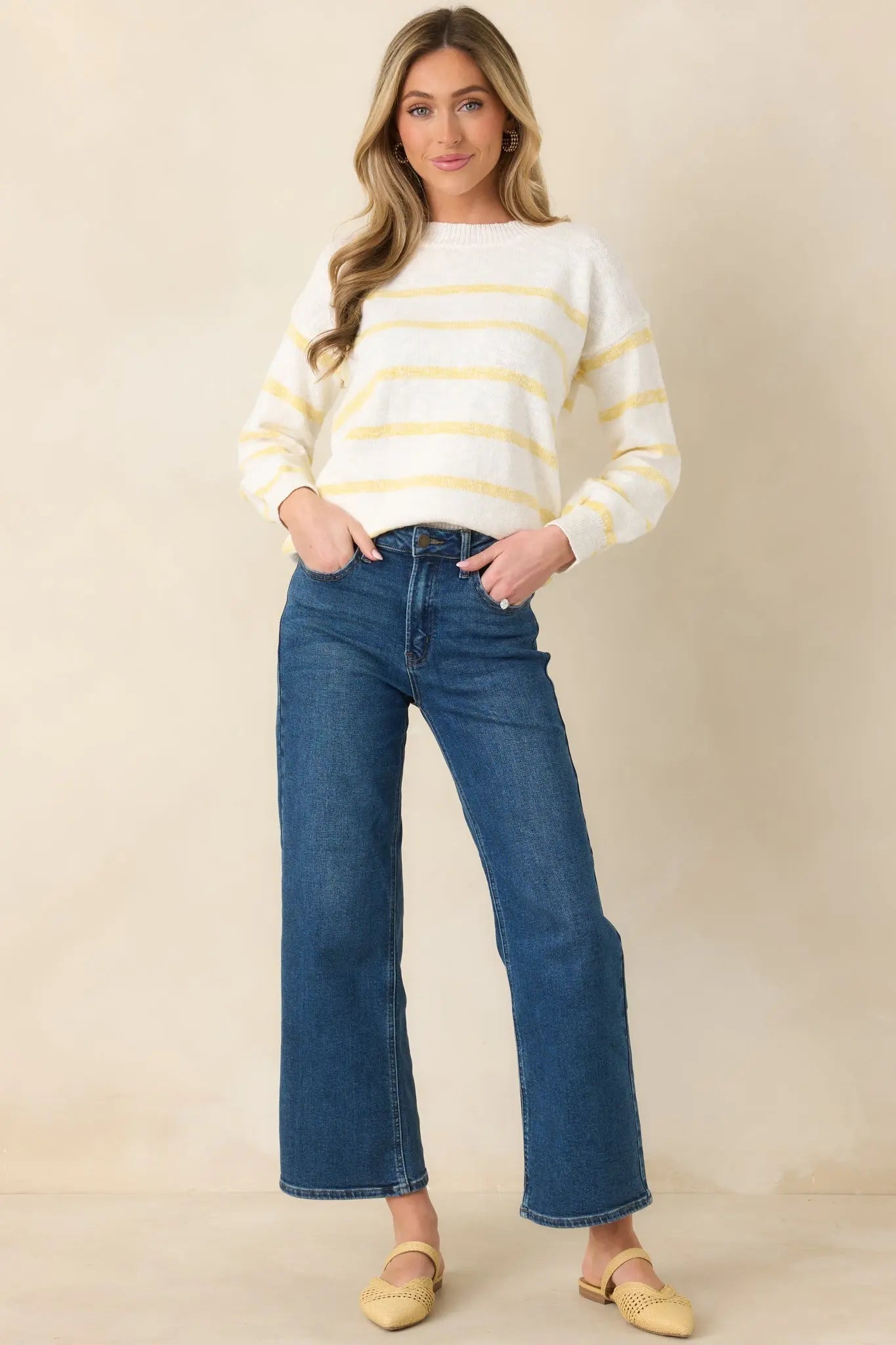 Women's My Day Off Ivory & Yellow Cotton Stripe Sweater | 100% Cotton 0