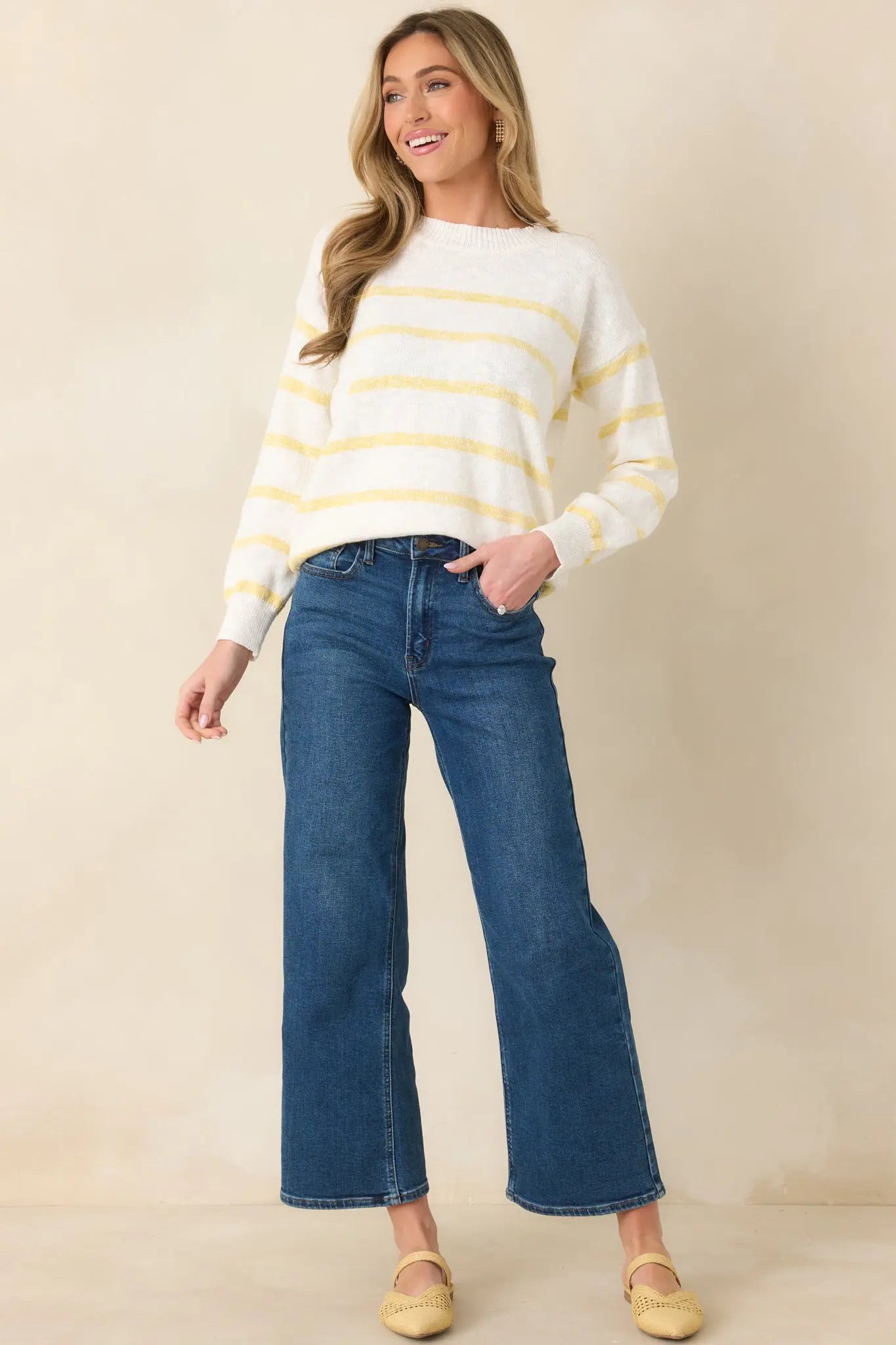 Women's My Day Off Ivory & Yellow Cotton Stripe Sweater | 100% Cotton 5