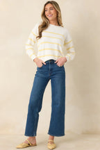 Women's My Day Off Ivory & Yellow Cotton Stripe Sweater | 100% Cotton 6