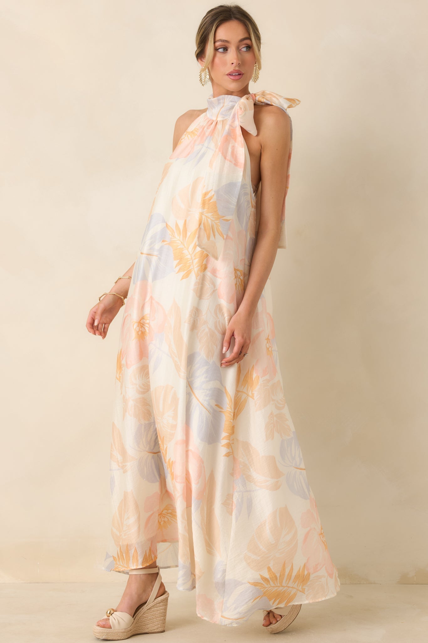 Women's Naturally Radiant Ivory Multi Tropical Print Halter Maxi Dress | 66% Tencel 4