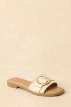 Women's New Adventures Beige Faux Leather Buckle Strap Slide Sandals | All Man Made Materials 3