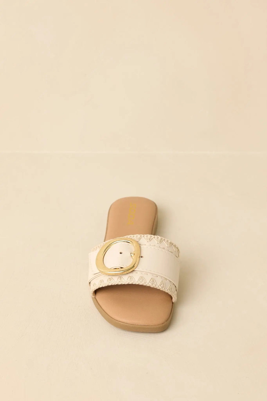 Women's New Adventures Beige Faux Leather Buckle Strap Slide Sandals | All Man Made Materials 5