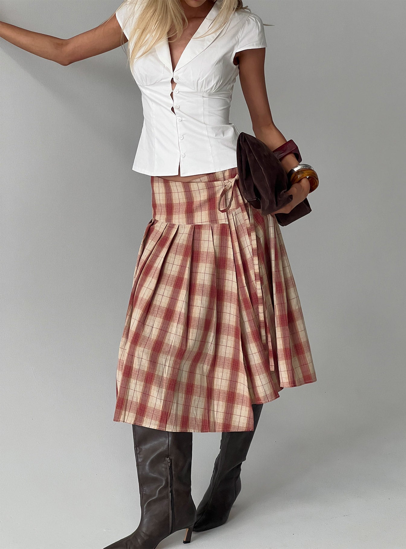 Women's Norie Wrap Pleat Midi Skirt Red Plaid 0