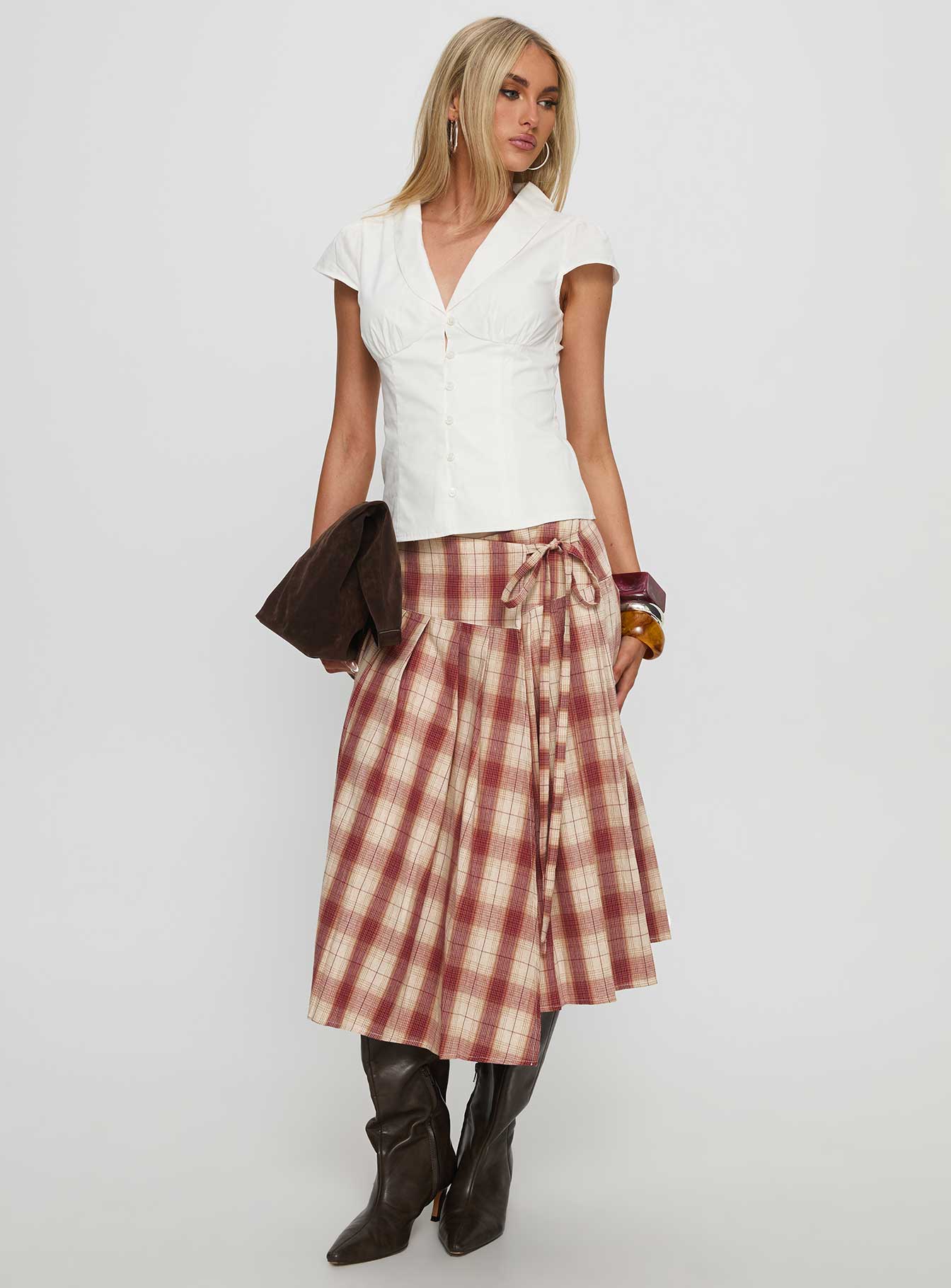 Women's Norie Wrap Pleat Midi Skirt Red Plaid 1