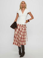 Women's Norie Wrap Pleat Midi Skirt Red Plaid 2