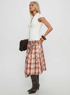 Women's Norie Wrap Pleat Midi Skirt Red Plaid 3