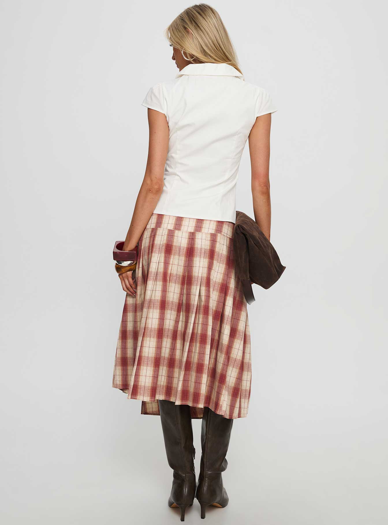 Women's Norie Wrap Pleat Midi Skirt Red Plaid 4
