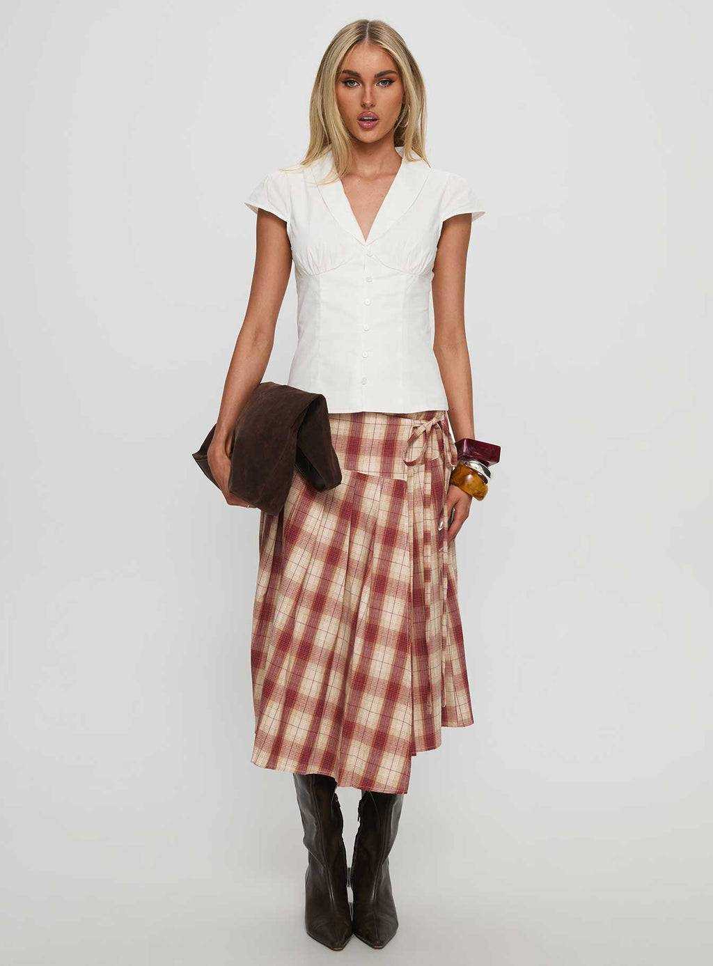 Women's Norie Wrap Pleat Midi Skirt Red Plaid 6