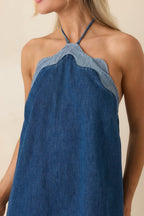 Women's Off the Edge Light Indigo Cotton Denim Halter Mini Dress | 90% Cotton & 10% Polyester 1