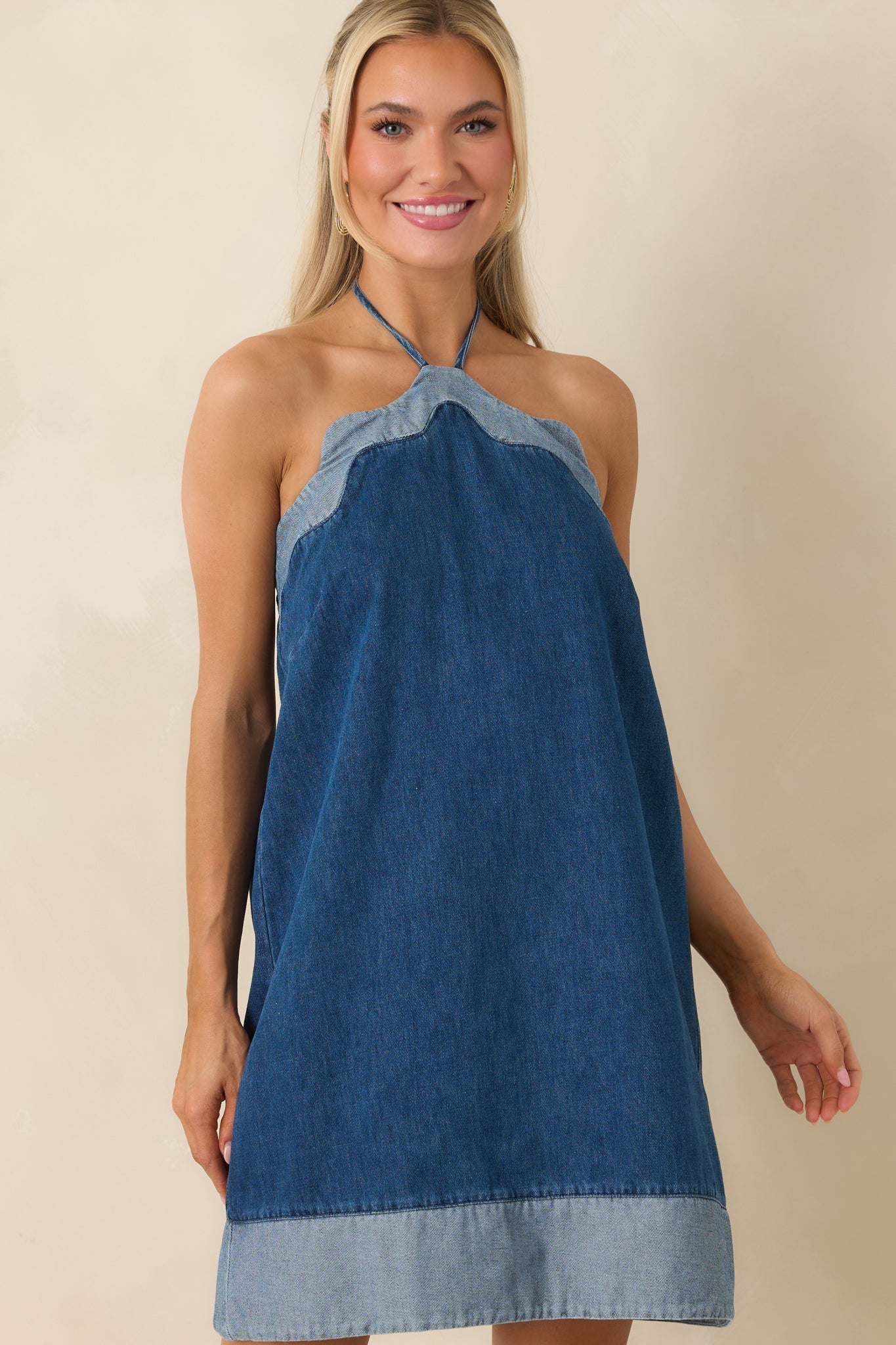 Women's Off the Edge Light Indigo Cotton Denim Halter Mini Dress | 90% Cotton & 10% Polyester 4
