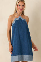 Women's Off the Edge Light Indigo Cotton Denim Halter Mini Dress | 90% Cotton & 10% Polyester 6