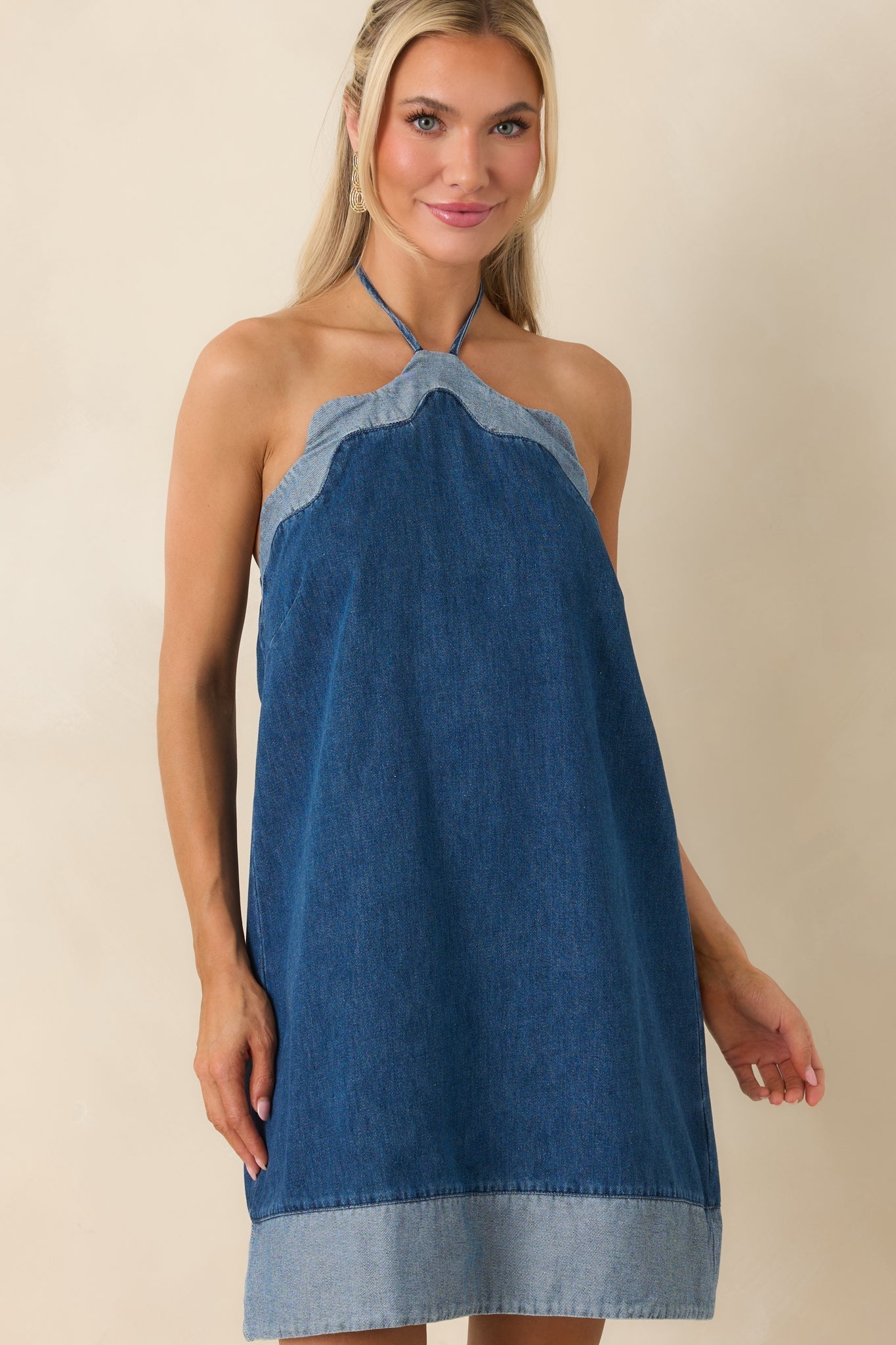 Women's Off the Edge Light Indigo Cotton Denim Halter Mini Dress | 90% Cotton & 10% Polyester 6