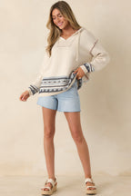 Women's Off the Map Ivory & Blue Jacquard Cotton Pullover Hoodie | 90% Cotton & 10% Polyester 2