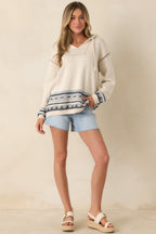 Women's Off the Map Ivory & Blue Jacquard Cotton Pullover Hoodie | 90% Cotton & 10% Polyester 3