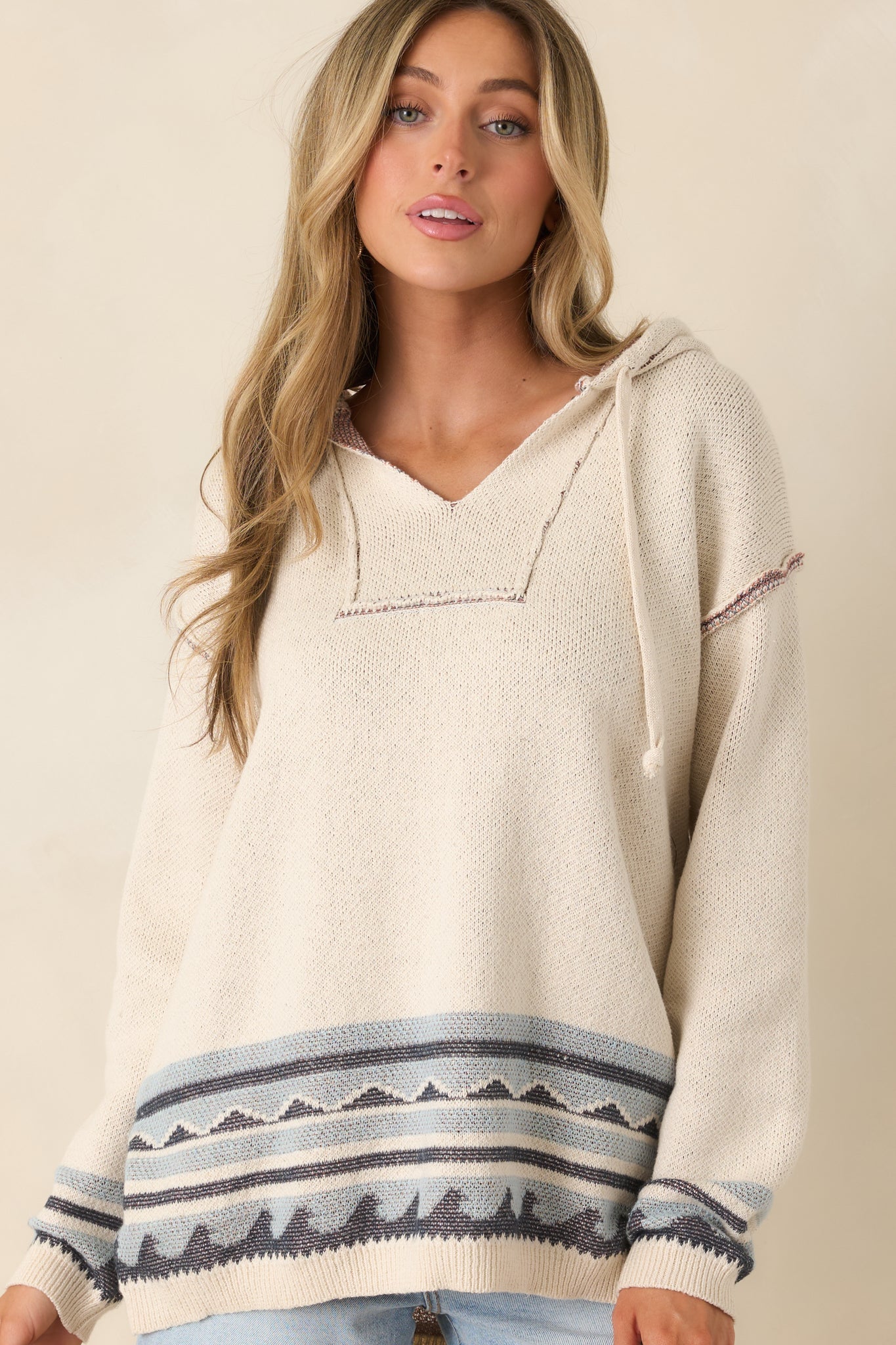 Women's Off the Map Ivory & Blue Jacquard Cotton Pullover Hoodie | 90% Cotton & 10% Polyester 4