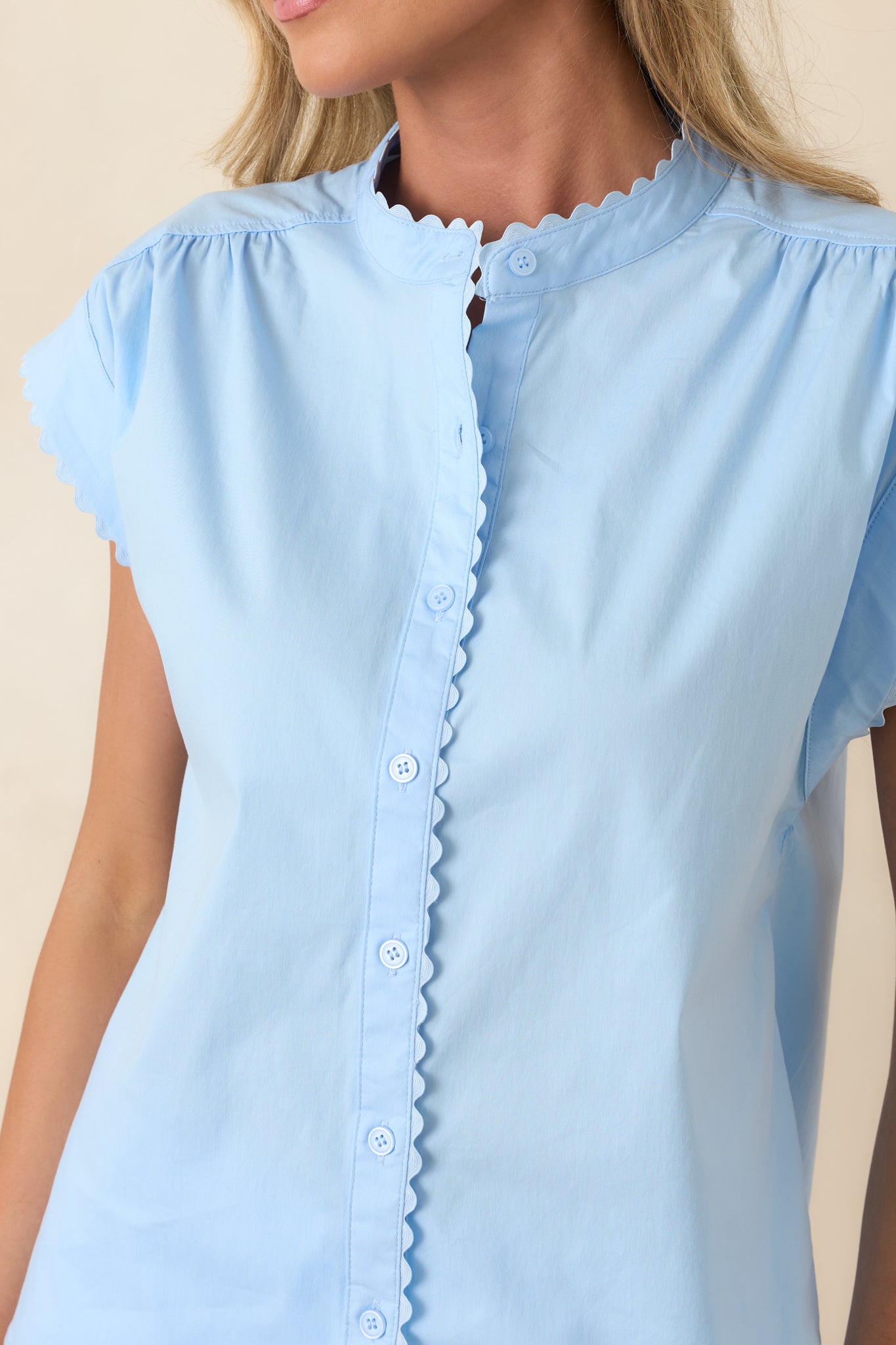Women's Oh, So Charming Light Blue Scalloped Trim Button Front Top | 65% Cotton 2